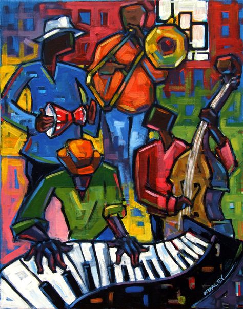 "I created this original Jazz Quartet painting using acrylics on canvas. Jazz Quartet is available as an unframed art print. Picture frame is not included. Available in 8x10\", 12x16\" and 16x20\" sizes (See dropdown menu) PLEASE NOTE - All prints have an additional white border around the printed area for matting and framing.  PRINTING: This art print is a museum-quality Giclée reproduction of my original work and printed on thick 10.3 mil durable matte paper.  FREE SHIPPING on all art prints w Jazz Music Art, Music Art Painting, Jazz Wall Art, Jazz Painting, Jazz Quartet, African American Artwork, Musician Art, Jazz Art, Black Art Painting