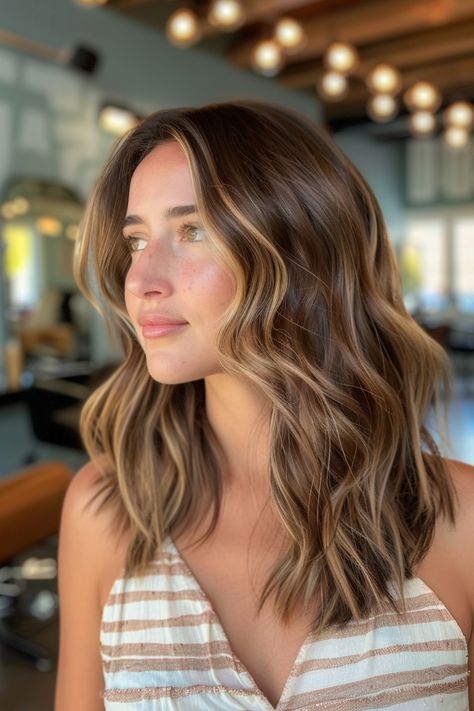 Woman with wavy brown hair and highlights wearing a striped tank top in a modern hair salon. Mid Length Hair Caramel Highlights, Brunette With Caramel Highlights Honey, Dimensional Brunette Highlights, Hazel Highlights, Dark Brown Hair Rich, Dark Brown Hair With Highlights, Highlights Hairstyles, Blonde Streaks, Hair With Highlights