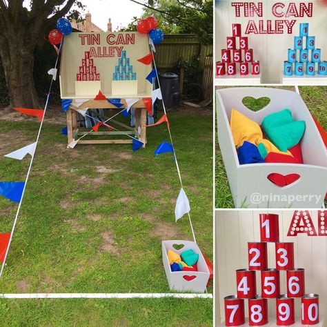 Our tin can alley that I made with my husband for our son's preschool fair #tincanalley #fairgames Tic Tac Toe Carnival Game, Tic Tac Toe Toss Carnival Games, Tin Can Alley Game Diy, Toilet Paper Toss Carnival Game, Carnival Guessing Booth, Tin Can Alley, Harvest Fest, Fair Games, Toss Game