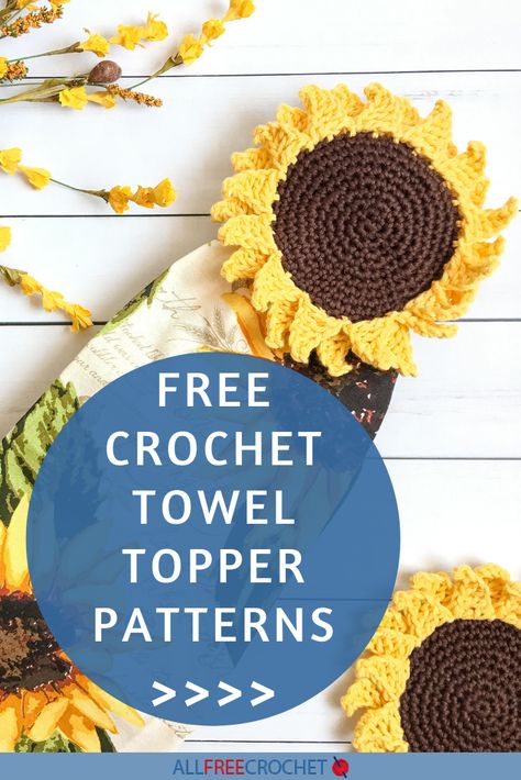 10+ Unique Free Crochet Towel Topper Patterns | Crochet towel toppers are great because they are easy and fun to work up and are easy to customize with the yarn types, colors, and buttons or loops used. Crochet Towel Tops Free Pattern, Crochet Towel Tops, Crochet Topper, Crochet Dish Towels, Towel Toppers, Crochet Towel Topper, Holiday Crochet Patterns, Crochet Kitchen Towels, Sunflower Kitchen