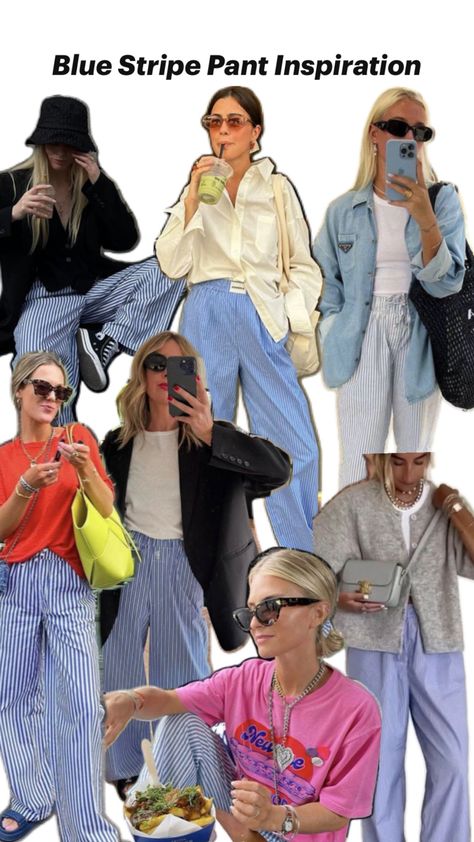 Styling the PJ pant trend/blue striped linen pants Blue Striped Pants Outfit, Striped Linen Pants Outfit, Blue Linen Pants Outfit, Linen Pants Outfit Summer, Linen Dress Outfit, Blue Pants Outfit, Stripe Pants Outfit, Pants Outfit Work, Blue Linen Pants