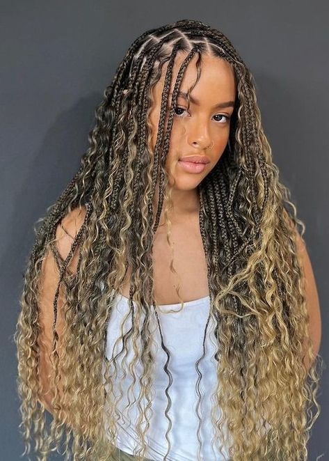 hair styles braids | natural hair styles  quick natural hair styles Black Boho Braids With Blonde Highlights, Ombré Boho Braids, Boho Goddess Braids Blonde, Ombré Blonde Boho Knotless Braids, Light Boho Braids, Boho Goddess Braids Human Hair, Boho Braids With Blonde Highlights, Goddess Braids Highlights, Boho Braids Blonde And Brown