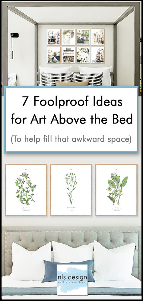 7 Foolproof Ideas for Art Above the Bed, Affordable Bedroom Wall Decor, Budget Bedroom Artwork Wall Grouping Above Bed, Headboard Pictures Wall Art, Picture Gallery Wall Ideas Master Bedrooms, Gallery Wall Headboard, Wall Above Headboard Decor, Ideas For Wall Above Bed, Art Above Headboard Ideas, Wall Behind Bed Decor Ideas Master Bedrooms, Artwork Above Bed Wall Decor