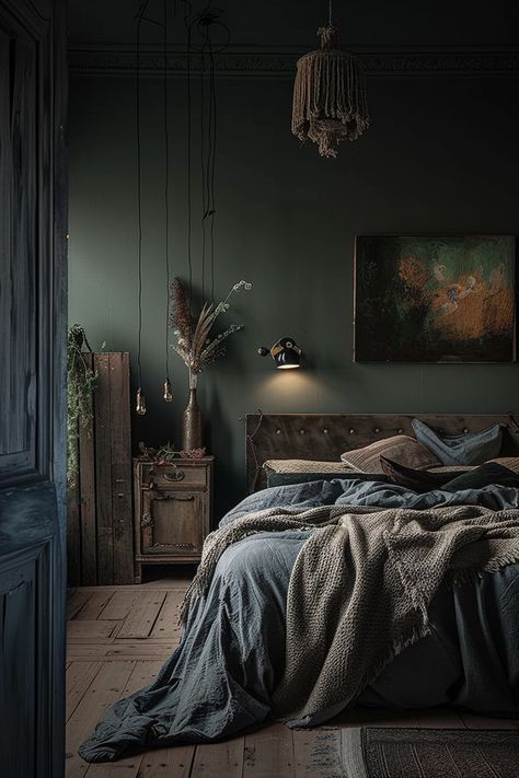 Goth Bedroom Ideas, Dark Cozy Bedroom, Cottagecore Living, Charcoal Walls, Goth Bedroom, Gothic Bedroom, Moody Bedroom, Dark Bedroom, Creative Bedroom