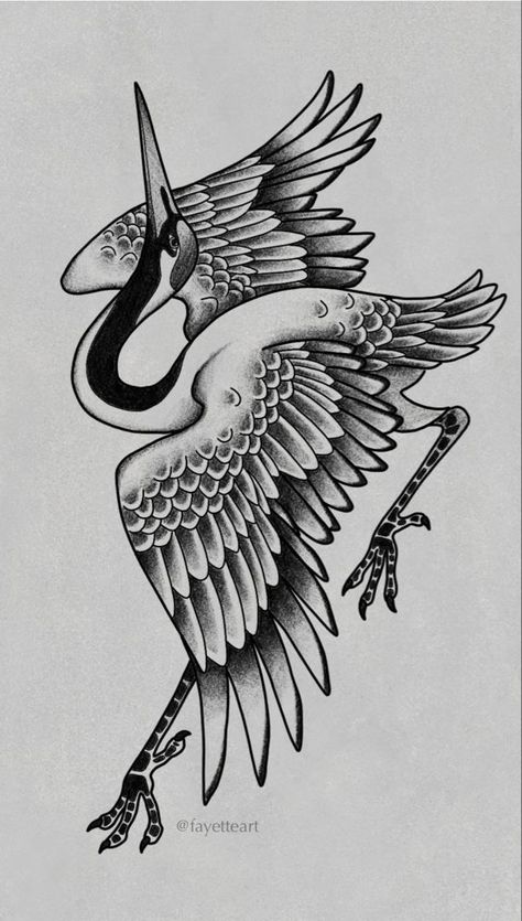 Crane Tattoo Design Ideas, Crane American Traditional Tattoo, Dark Animals Tattoo, Crane Wife Tattoo, Black Crane Tattoo, Japanese Traditional Crane Tattoo, Old Art Tattoo, Crane Tattoo Leg, Traditional Japanese Art Tattoo