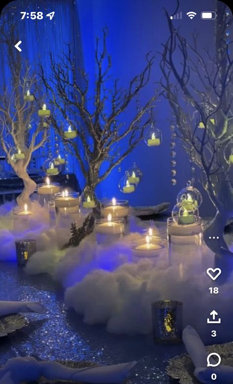 Start Night Quince Theme, Starry Nights Centerpieces, Night Sky Centerpiece, Starry Night Quinceanera Cake, Starry Night Debut Theme Midnight Blue, Moon And Stars Sweet 16 Theme, Stary Night Centerpiece, Yule Ball Party Decorations, City Of Stars Hoco