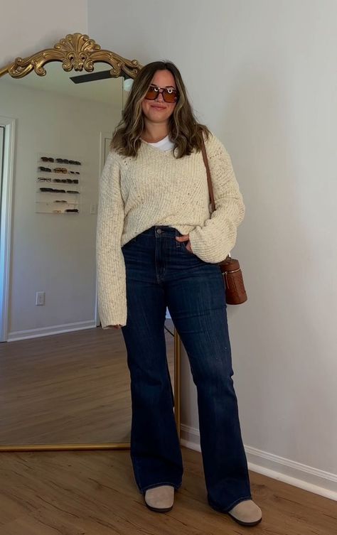 Mid Size Outfits Autumn, Outfit Inspo Fall Midsize, Modest Outfits Midsize, Modest Concert Outfit Ideas, Midsize Curvy Outfits, Casual Fall Outfits Midsize, Classic Cardigan Outfit, Midsize Autumn Outfits, Midsize Teacher Outfits