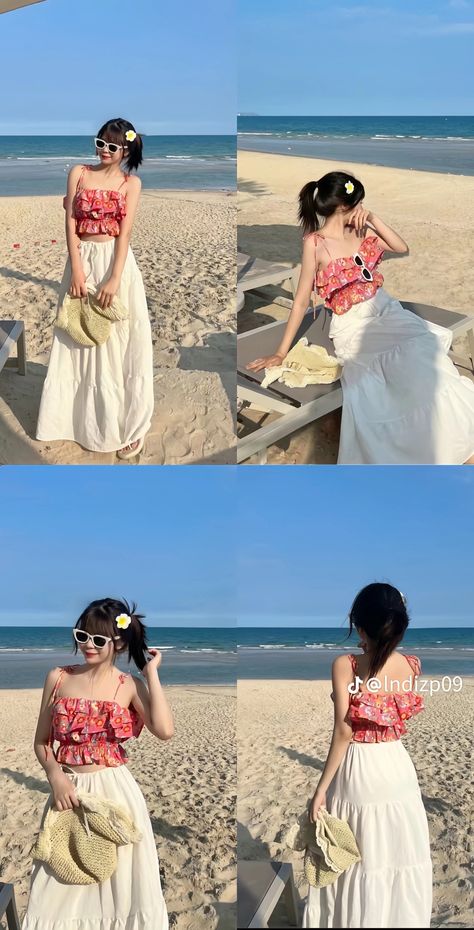 Beach Theme Outfit Ideas, Tita Outfit, Beach Poses By Yourself Photo Ideas, Tropical Outfit, Beach Poses By Yourself, Outfit Korean, Pic Pose, Best Photo Poses, Palawan