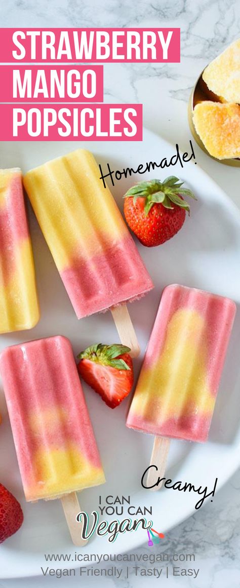 Easy Strawberry Mango Popsicles Mango Strawberry Popsicles, Homemade Fruit Popsicles Healthy, Easy Homemade Popsicles, Home Made Popsicles, Diy Popsicle Recipes, Popsicles Recipe, Frozen Popsicle Recipes, Homemade Ice Pops Recipes, Diy Ice Pops