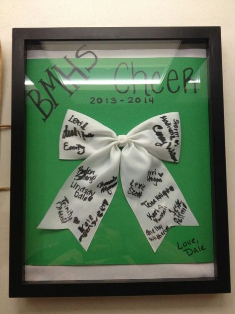 Autograph cheer bow and shadow box Lindsay and I made for the senior cheerleaders for senior night!!!! Cheer Shadow Box Ideas, Senior Night Gifts Cheerleading, Senior Cheerleader, Cheer Banquet, Shadow Box Ideas, Cheer Coach Gifts, Cheer Team Gifts, Cheer Spirit, Cheer Camp