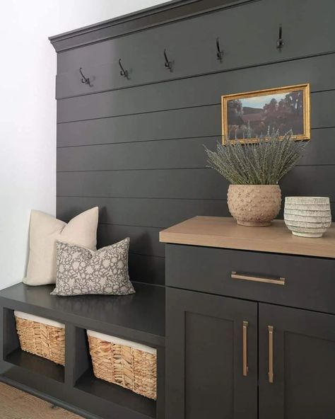 Black Herringbone Tile Floor, Mudroom Wall Ideas, Shiplap Half Wall, White Bench Entryway, Black Herringbone Tile, Stained Wood Trim, Wood Bench Seat, Black Shiplap, Accent Wall Entryway