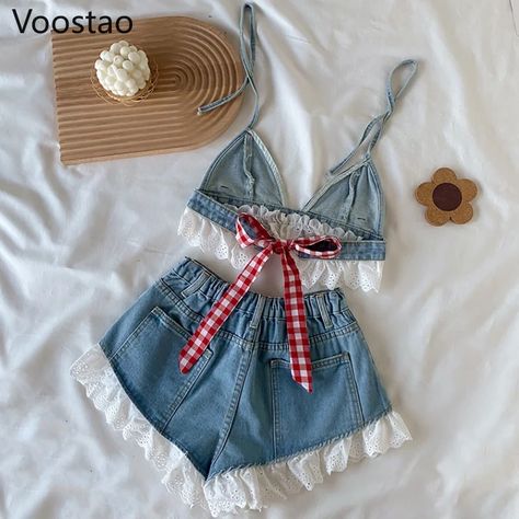 Lace Two Piece Set, High Waisted Shorts Outfit, Y2k Women, Girls Summer Outfits, Denim And Lace, Sweet Lolita, Cami Crop Top, Outfits Winter, Short En Jean