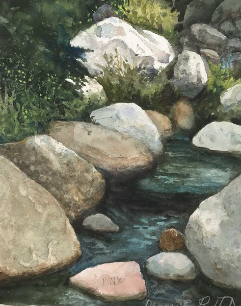 Mountain Rocks Art, Watercolor Painting Reference Photos, Rocks In Paintings, Watercolor Paintings Reference, Rocks In Water Painting, Watercolor Rocks And Water, Painting River Rocks, Watercolor Reference Photo Landscape, How To Paint A River