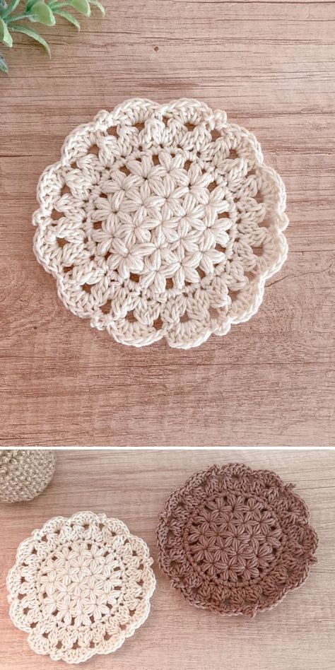 Free Crochet Coasters Patterns for Beginners- Pattern Center Crochet Coasters In A Pot, Cottagecore Projects, Star Coaster Crochet Pattern, Flower Coasters Crochet, Crochet Motif Patterns Free, Crochet Plant Coaster, Crochet Home Decor Ideas, Crochet Coaster Patterns, Diy Coaster