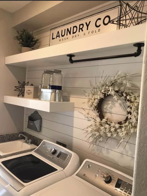 Apartment Laundry Room Makeover, Country Style Laundry Room Ideas, Hall Laundry Room, Lint Container For Laundry Room, Affordable Laundry Room Makeover, Cow Laundry Room Ideas, Laundry Room Wallpaper Ideas Farmhouse, Mobile Home Laundry Room Small Spaces, Contemporary Farmhouse Laundry Room