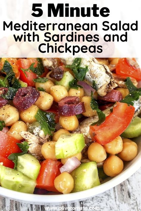 5 Minute Mediterranean Salad with Sardines and Chickpeas | Olive Tomato Salad With Sardines, Canned Fish Recipes, Sardine Salad, Olive Tomato, Tomatoes And Cucumbers, Canned Sardines, Sardine Recipes, Easy Mediterranean Diet Recipes, Mediterranean Salad