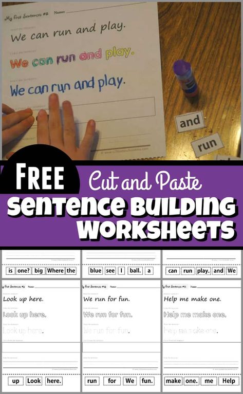 Cut and Paste Sentence Building Worksheets - Kids will have fun practicing building sentences, reading, tracing, writing, and cut and paste simple sentences with Pre Primer Sight Words. These free printable worksheets are perfect for Preschool and Kindergarten students Sentence Sticks, Comprehension Kindergarten, Sentence Building Worksheets, Building Sentences, Incomplete Sentences, Making Sentences, Pre Primer Sight Words, Sentence Construction, Sentence Activities