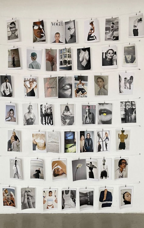 A wall filled with artistic and fashion photography prints, providing abundant inspiration for those looking to enhance their creative vision in 2024. Branding Vision Board, Creative Studio Aesthetic, Fashion Public Relations Aesthetic, Graphic Designer Vision Board, Creative Job Aesthetic, Graphic Design Student Aesthetic, Fashion Marketing Aesthetic, Art Director Aesthetic, Fashion Brand Aesthetic