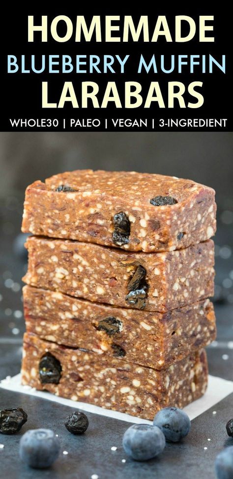 Homemade Blueberry Muffin Larabars (Whole30, Paleo, Vegan, Gluten Free) These homemade Larabars are cheaper than store-bought and take minutes to whip up! Made with just 3 Ingredients and whole30 approved! (vegan, whole 30, dairy free, refined sugar free)- #whole30 #vegan #whole30approved | Recipe on thebigmansworld.com Lara Bars Recipe, Vegan Whole 30, Homemade Larabars, Whole 30 Dessert, Keto Blueberry Muffins, Homemade Blueberry Muffins, Whole 30 Snacks, Whole30 Vegan, Blueberry Muffins Recipe