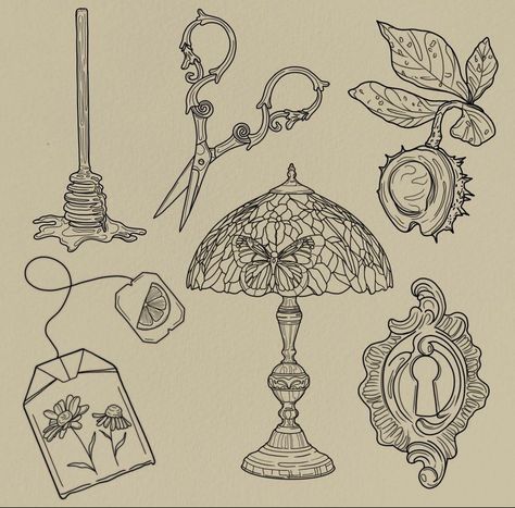 Vintage Item Tattoo, Vintage Tatoos Ideas, Tattoo Ideas Sheet, Cottagecore Aesthetic Tattoo, Vintage Tattoo Flash Sheet, Flash Sheets Tattoo, Tattoo Drawings Vintage, Vintage Lamp Tattoo, Book Of Life Tattoo