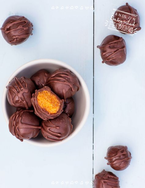 Sweet Potato & Orange Chocolate Truffles - Refined Sugar Free Baby Led Feeding. Healthy Homemade Baby Food Recipes. These delicious baby treat recipes are easy to make and are soft for little hands. Homemade Baby Food Recipes, No Bake Cake Pops, Baby Led Feeding, Coconut Bites, Making Baby Food, Orange Sweet Potatoes, Orange Chocolate, Weaning Recipes, Chocolate Granola