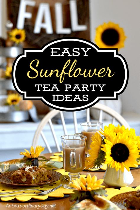 You'll love these EASY and SIMPLE IDEAS for decorating for a Sunflower Themed TEA. Perfect decor for a shower or birthday party, too Sunflower Tea Party, Brown Table Setting, Sunflower Tea, Tea Party Table Settings, Autumn Tea Party, Simple Sunflower, Kids Party Tables, Brunch Party Decorations, Diy Centerpiece