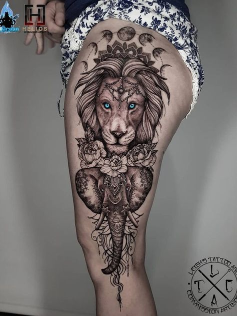 Lion Thigh Tattoo, Lion Tattoo On Thigh, Lion And Elephant, Elephant Thigh Tattoo, Elephant Tattoo Meaning, Side Thigh Tattoos, Girl Thigh Tattoos, Vogel Tattoo, Lion Tattoo Sleeves