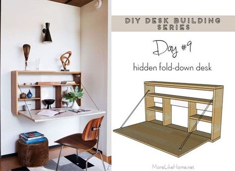 Today's desk is perfect for small spaces. It offers a generous work surface plus built-in shelving for office supplies, but it folds up ou... Diy Desk Plans, Ikea Desk Hack, Desk With Shelves, Fold Down Desk, Desk Diy, Murphy Bed Plans, Desk Plans, Desks For Small Spaces, Folding Walls