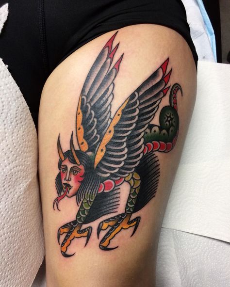 Traditional harpy tattoo on thigh done by Alex Duquette at Omen Tattoo in Halifax NS! Harpy Eagle Tattoo, Harpy Tattoo, Eagle Tattoo For Women, Tattoo On Thigh, Harpy Eagle, Tattoo Old School, Eagle Tattoo, Old School Tattoo, Tattoo Styles