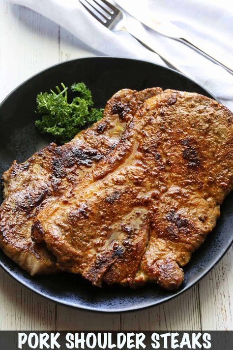 Ready in a mere 30 minutes and served with a simple green salad, pork shoulder steak is a quick and easy meal that deeply satisfies. Pork Steak Recipes Skillet, Beef Shoulder Steak, Pork Shoulder Blade Steak, Pork Shoulder Steak Recipes, Shoulder Steak Recipes, Fried Pork Steak, Steak On Stove, Healthy Steak Recipes, Pork Crockpot