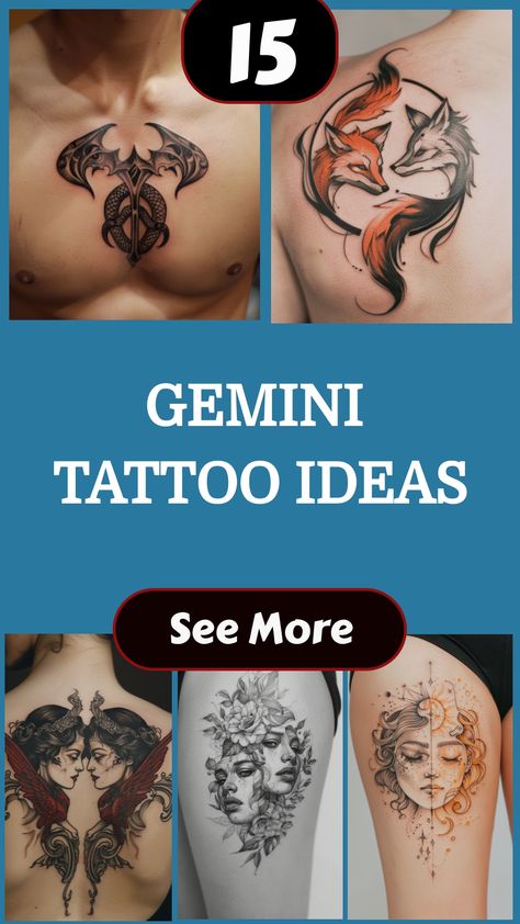 Compilation of five Gemini tattoo ideas featuring dual elements and artistic designs. Gemini And Rose Tattoo, Gemini Tattoo Designs For Women, Twins Symbol Tattoos, Misty Tattoo, Duality Tattoo Ideas, Gemini Tattoo Ideas, Twin Symbol, Skull Couple Tattoo, Calf Tattoos For Women