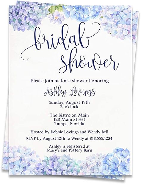 Amazon.com : Hydrangea Bridal Shower Invitations Wildflower Invites Wedding Retirement Baby Shower Purple Blue Indigo Floral Flowers Watercolor Printed Customized Custom Personalized Cards (12 Count) : Home & Kitchen Blue And Purple Bridal Shower Ideas, Blue Purple Wedding, Navy Bridal Shower, Wildflower Invitation, Purple Bridal Shower, Invites Wedding, Hydrangea Wedding, Baby Shower Purple, Indigo Floral