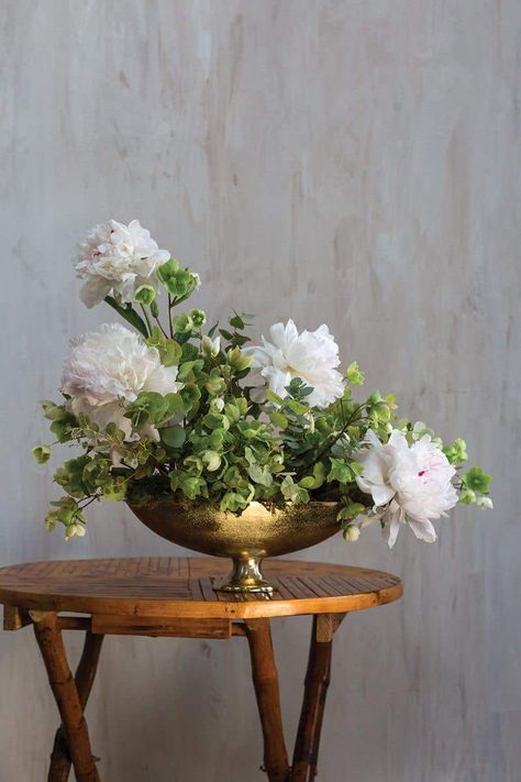 Gold low-bowl Compote featuring a floral arrangement with white peonies and Hellebores sitting off-center on a table against a grey wash back drop Wholesale Decor, Gold Bowl, Artificial Flowers And Plants, Florist Supplies, Metal Bowl, Table Vases, Touch Of Gold, Small Decor, Beautiful Vase