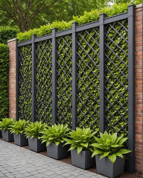 Modern Black Privacy Fence, Fence Hedge Ideas, Vertical Garden Fence Ideas, Privacy Fence Between Neighbors, Lattice Garden Fence, Fenced Patio Ideas, Fence Design Concrete, Planters Along Fence, Galvanized Fence Ideas