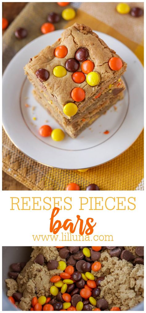 Soft and Chewy Reeses Pieces Blondies are a quick and delicious bar recipe. They are the perfect mixture of chocolate and peanut butter! #reesespiecesblondies #reesespieces #blondierecipe #blondies #peanutbutterblondies Peanut Butter Bars With Reeses Pieces, Reeses Pieces Brownies Recipe, Reese’s Peanut Butter Blondies, Reeces Pieces Brownies, Reeces Pieces Dessert, Reeses Dessert Bars, Desserts With Reeses Pieces, Reeses Pieces Bars, Reese Pieces Recipes