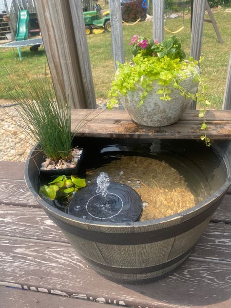 Easy Garden Fountain, Pond Planter Ideas, Bucket Pond Ideas, Half Barrel Pond, Diy Pot Pond, Porch Pond Diy, Pot Ponds Ideas, Flower Pot Pond, Diy Water Fountain Outdoor Mini Pond