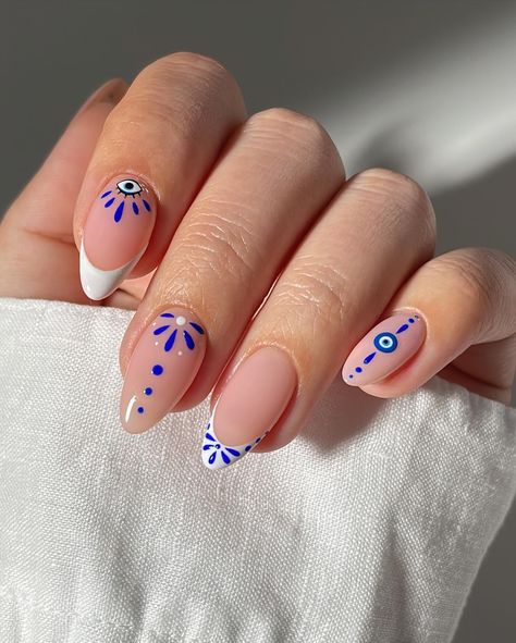 Greek aesthetic nail art🥹🤍🧿swipe left for tutorial👀 Using @nailsinc ‘Made in Mykonos’ set💙 rings @monicavinader Mal Ojo Nails, Greek Mythology Nail Art, Portuguese Nails, Copenhagen Nails, Greek Nails Designs, Mama Mia Nails, Greece Nail Ideas, Greece Pattern, Greek Nails