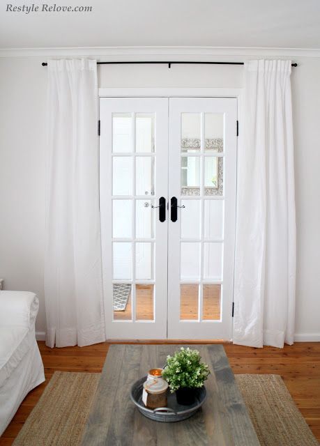 Another example of curtains around french doors for privacy. White Curtains Patio Door, Office French Door Coverings, Office Door Curtains, White French Doors Interior, French Doors Indoor, White Ikea Curtains, French Door Sliding, Office French Doors, French Doors Living Room