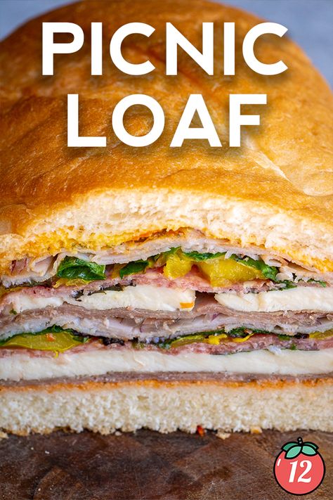 Picnic Loaf | 12 Tomatoes Loaf Sandwiches, Picnic Loaf, Gourmet Sandwiches, 12 Tomatoes, Soup And Sandwich, Best Appetizers, Finger Food, Food Truck, The Pool