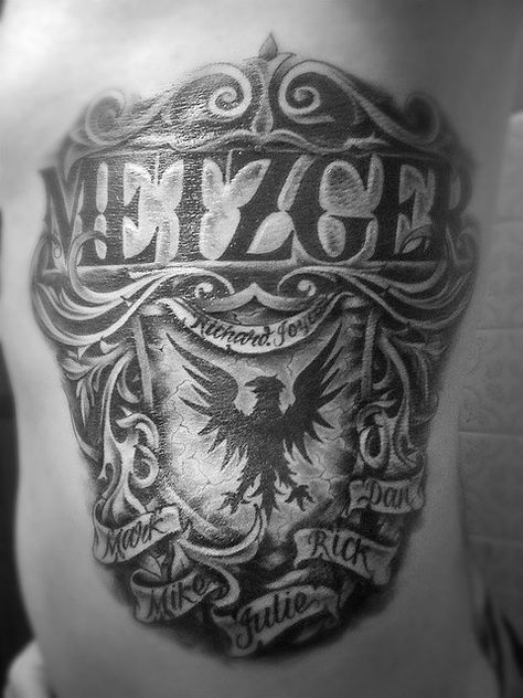 family crest tattoo, shoulder, for jeff Shoulder Tattoo Men, Family Crest Tattoo, Family Name Tattoos, Celtic Tattoos For Men, Crest Tattoo, Brand New Tattoos, Tattoo Shoulder, Crest Design, Forearm Tattoo Design