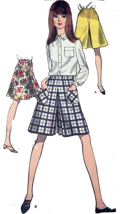 jupes culottes Culottes Pattern, Divided Skirt, Culotte Shorts, Corset Costumes, Vogue Sewing Patterns, Sewing Pattern Design, Womens Sewing Patterns, 1960s Fashion, Striped Fabrics