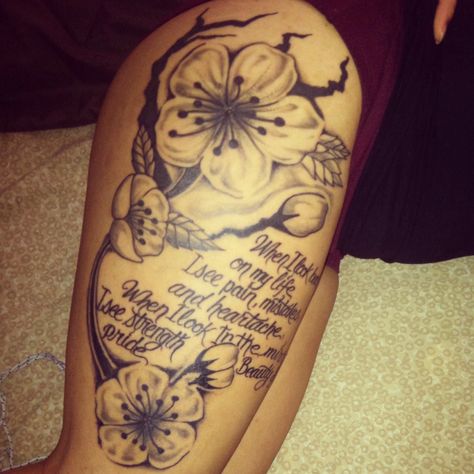 Leg Tattoos Women Strength, Inspirational Thigh Tattoos For Women, Thigh Quotes Tattoos Women, Tattoo On Thigh For Women Quote, Inspirational Quotes Thigh Tattoos, Cute Shoulder Tattoos, Cute Foot Tattoos, Side Thigh Tattoos, Flower Thigh Tattoos