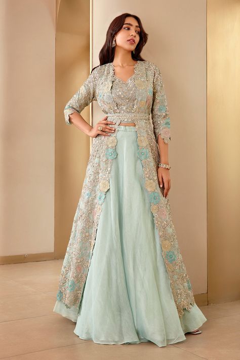 Shop for Osaa by Adarsh Blue Tissue Floral Embroidered Jacket Lehenga Set for Women Online at Aza Fashions Indian Jacket Dresses For Women, Traditional Jackets For Women Indian, Jacket Lehenga Long, Jacket Style Lehenga Wedding, Coat Lehenga, Jacket Lengha, Lehenga With Jacket, Chevron Embroidery, Masquerade Gown