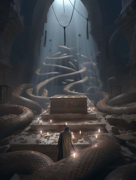 The tomb is sealed with demons, the Yellow River, corpses, evil spirits, cave-shaped ancient caves, nine snake coffins, Ancient Tomb Fantasy Art, Snake Temple Fantasy Art, Ancient Cave Art, Stone Altar Fantasy Art, Tomb Concept Art, Fantasy Tomb, Cave Concept Art, Evil Kingdom, Fantasy Cave