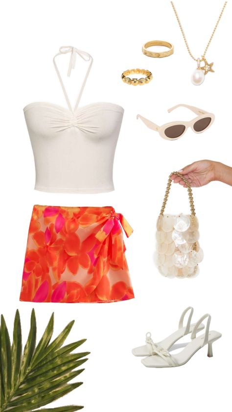 cream top, floral skirt, kitten heels, cream purse, sunglasses, gold jewelry Beach Dinner Outfit, Vacation Dinner Outfit, Outfit Ideas Trendy, Vacation Dinner, Outfit Ideas 2024, Beach Dinner, Casual Outfit Ideas, Dinner Outfit, Summer Outfit Ideas