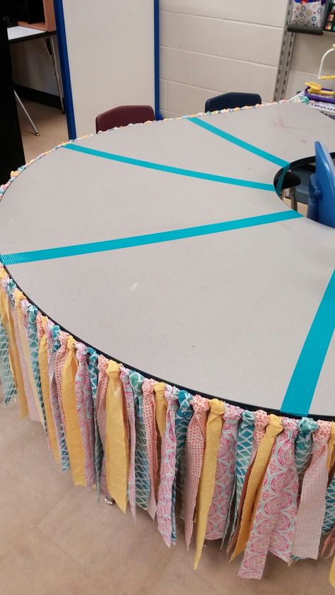 Classroom Fabric Ideas, Horseshoe Table As Teacher Desk, Classroom Table Makeover, Teacher Table Skirt, Classroom Table Skirt, Desk Skirt For Teacher Desk, Horseshoe Table Classroom, Small Classroom Setup, Horseshoe Table