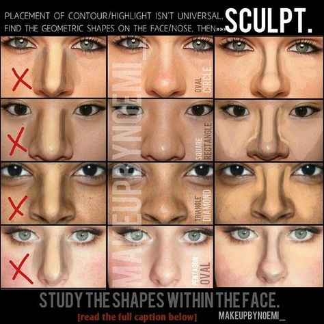 That [U] contour I see everywhere DOESNT work on every nose. THERE ARE SHAPES WITHIN SHAPES! 1. Dark: Oval / Light: Circle 2. Dark: Rectangle / Light: Square 3. Dark: Triangle / Light: Diamond 4. Dark: Oval / Light: Pentagon YOU SHOULD NOT BE ABLE TO SEE WHERE ONE CONTOURED/HIGHLIGHTED abd this comes by using the CORRECT tone/shade. Progression of color. It should look as if a natural shadow is being casted on the face and natural light is hitting the higher points Teknik Makeup, Nose Makeup, Drag Make-up, Makeup Tip, Nose Contouring, Smink Inspiration, Beauty Make-up, Face Contouring, Contour Makeup