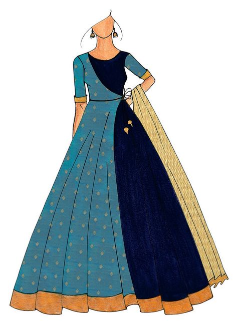 A Full Length Blue Jacket Style Anarkali Blue Jacket Style, Artsy Drawings, Fashion Model Sketch, Fashion Illustration Tutorial, Fashion Illustrations Techniques, Dress Illustration, Dress Design Drawing, Fashion Illustration Sketches Dresses, Indian Salwar Kameez