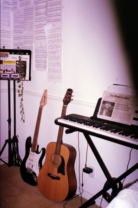 keyboard, music corner, guitar, room decor, film, room inspo, film aesthetic, music aesthetic, room decor, music room, keyboard aesthetic, instrument aesthetic, guitar aesthetic Guitar And Keyboard Aesthetic, Band Practice Room Aesthetic, Guy Room Ideas Bedrooms, Aesthetic Music Room, Music Aesthetic Room, Instrument Aesthetic, Guy Room Ideas, Guitar Room Decor, Instrument Room