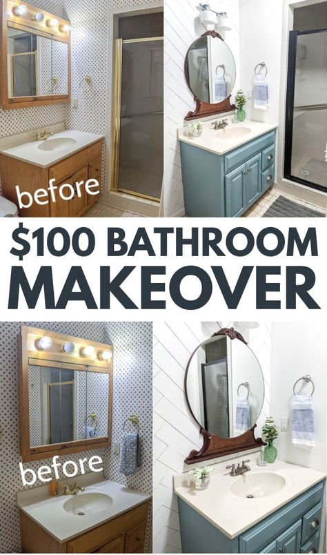 No matter how ugly and dated your bathroom, you can completely update it on a tiny budget! This $100 bathroom makeover completely transformed this room without any complicated demo and layout changes. New paint, a fun wood accent wall, and lots of DIY touches completely updated this master bathroom. Come get inspired to update your own dated bathroom! Bathroom Makeover Ideas, Small Bathroom Diy, Diy Bathroom Makeover, Old Bathroom, Cheap Bathrooms, Small Bathroom Makeover, Small Bathroom Ideas On A Budget, Diy Bathroom Remodel, Tiny Bathrooms